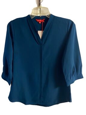 Juliet Teal Blue V-Neck 3/4 Sleeve Blouse Split Neck Pullover Top NWT Medium